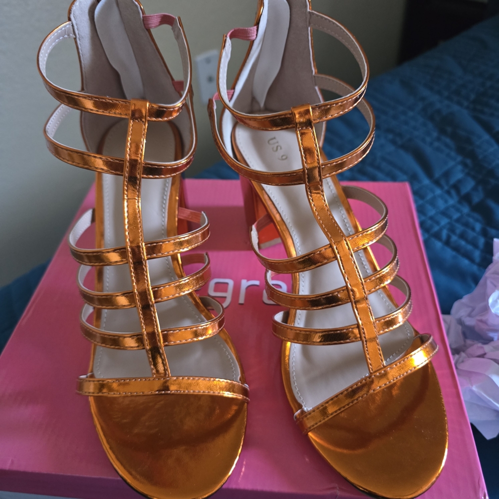 Allegra K Mettalic Orange Gladiator Sandal Heels